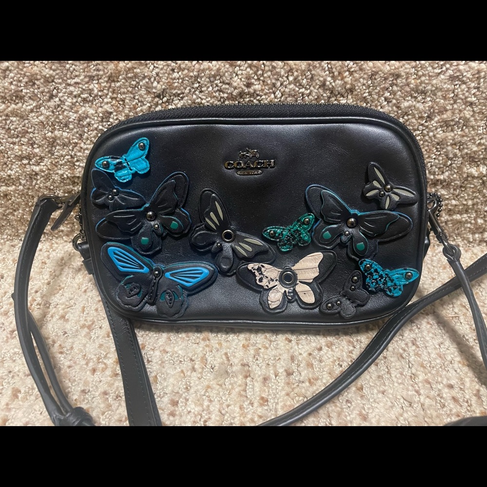 NEW Coach Butterfly Appliqué Crossbody Clutch, black leather, hand painted